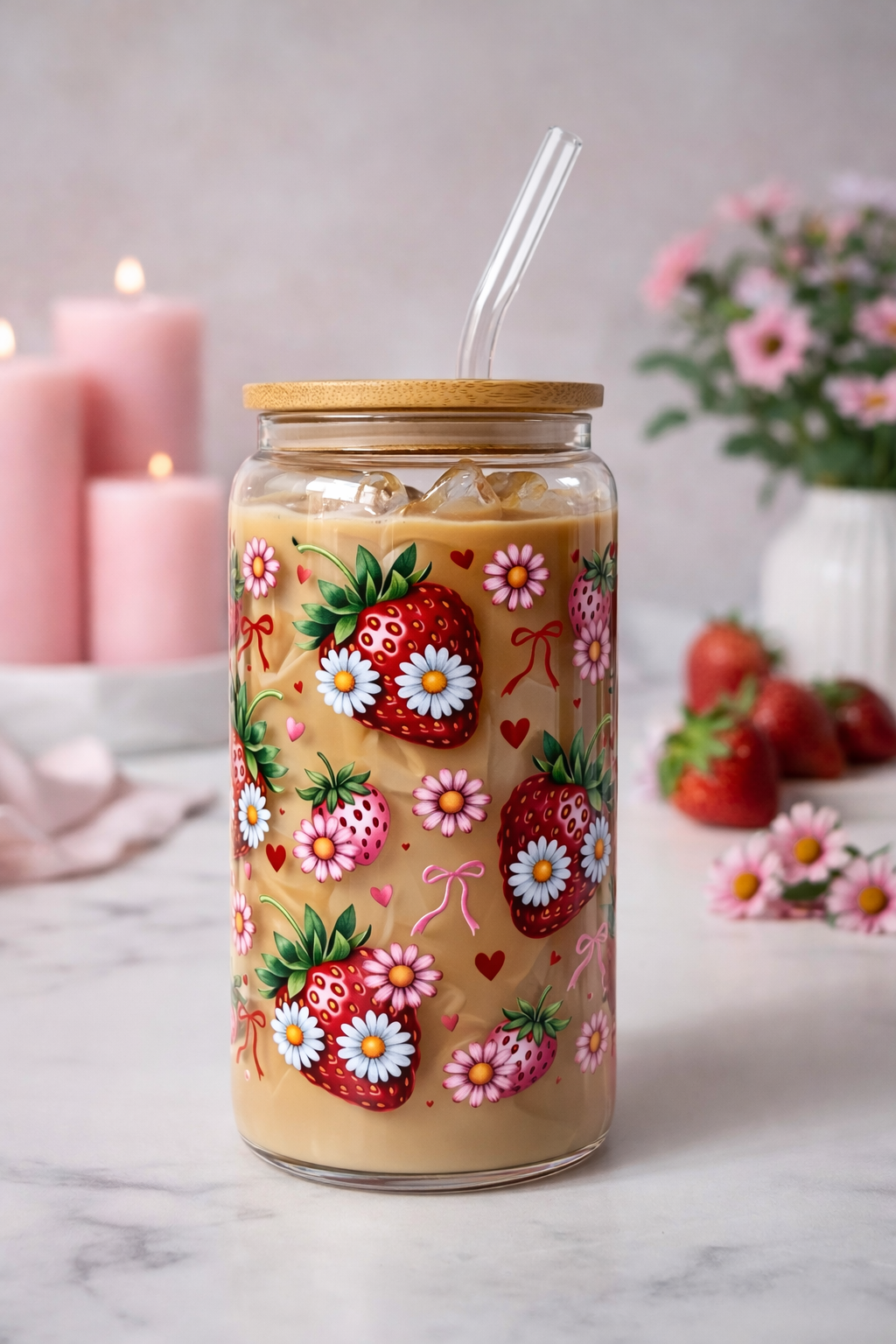 Strawberries Double Sided Glass Tumbler with Lid & Straw