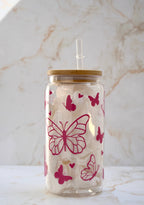 Plastic Cup Pink Butterflies Dishwasher Safe + Lid and Straw