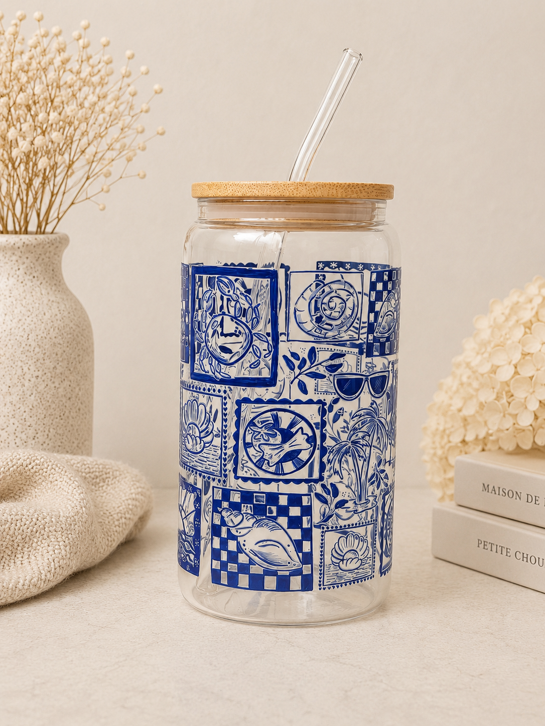 A Summer in Greece Double Sided Glass Tumbler + Lid & Straw