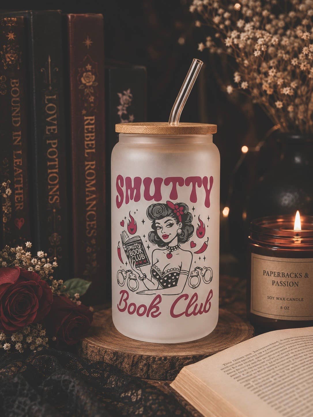 Smutty Book Club Frosted Glass Cup Dish.Safe + Lid & Straw