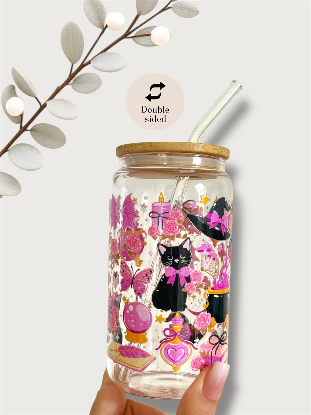 Witchy Cat Glass Tumbler Double Sided Print with Lid and Straw 5