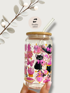 Witchy Cat Glass Tumbler Double Sided Print with Lid and Straw 5