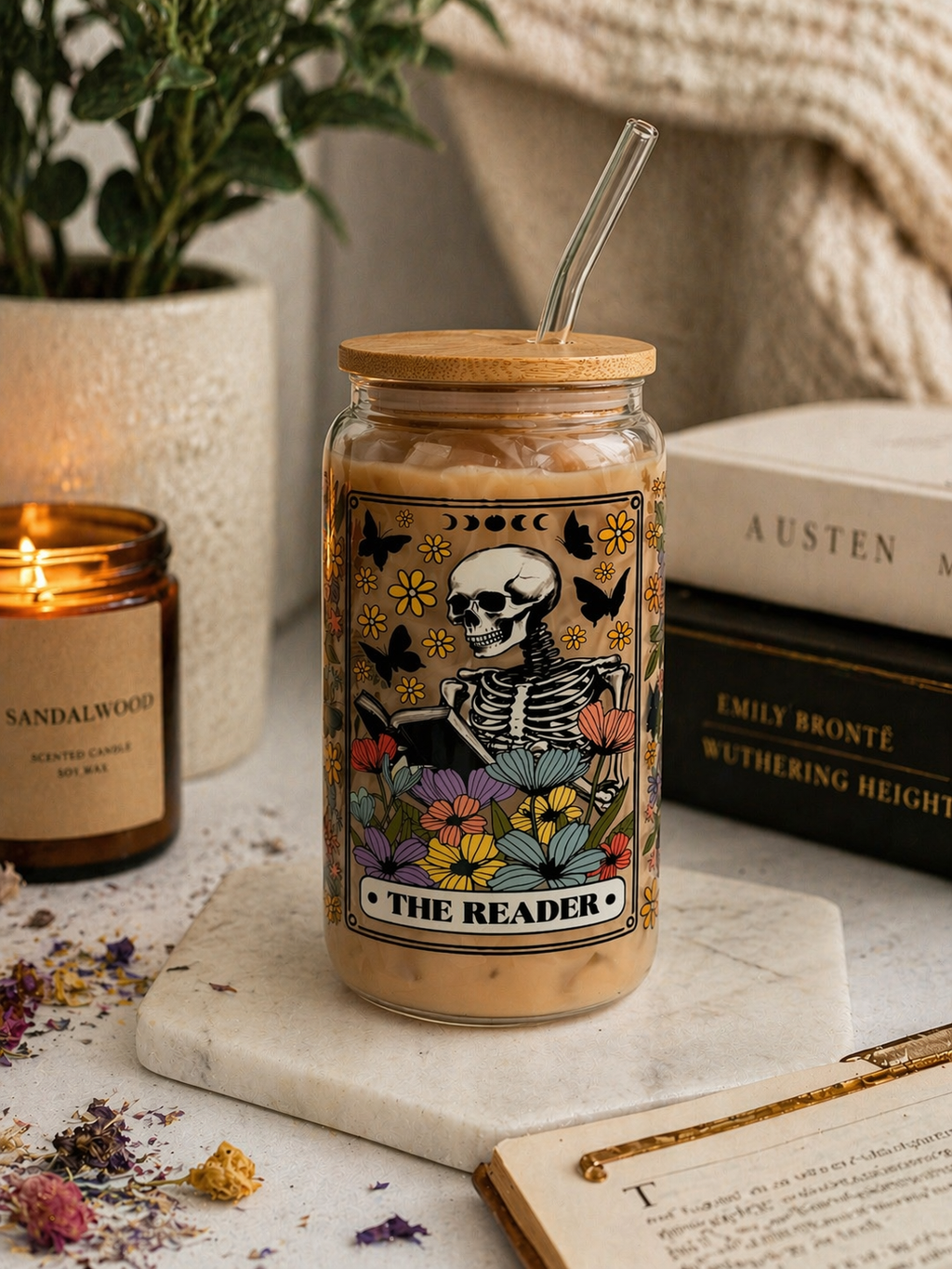 THE READER Double Sided Glass Tumbler + Bamboo Lid & Straw 2