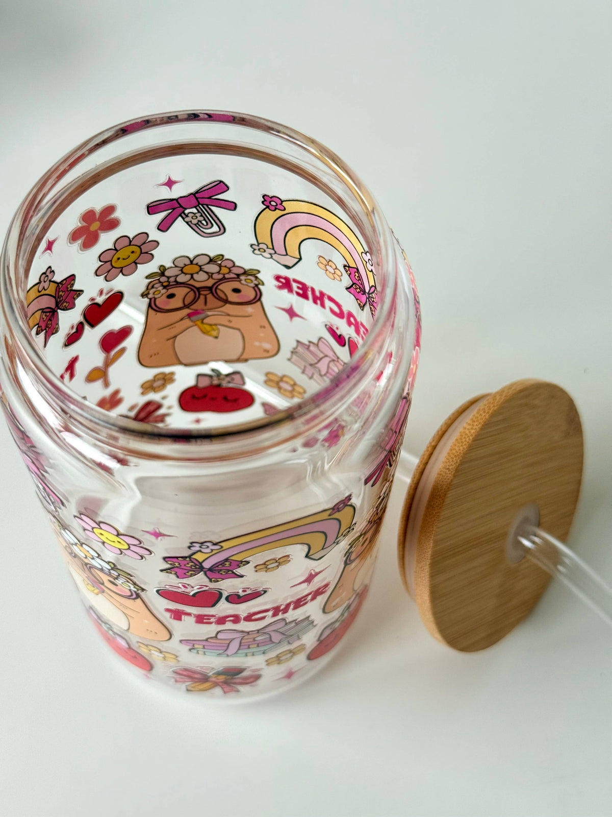Capybara Teacher Double Sided Glass Tumbler + Lid and Straw 3