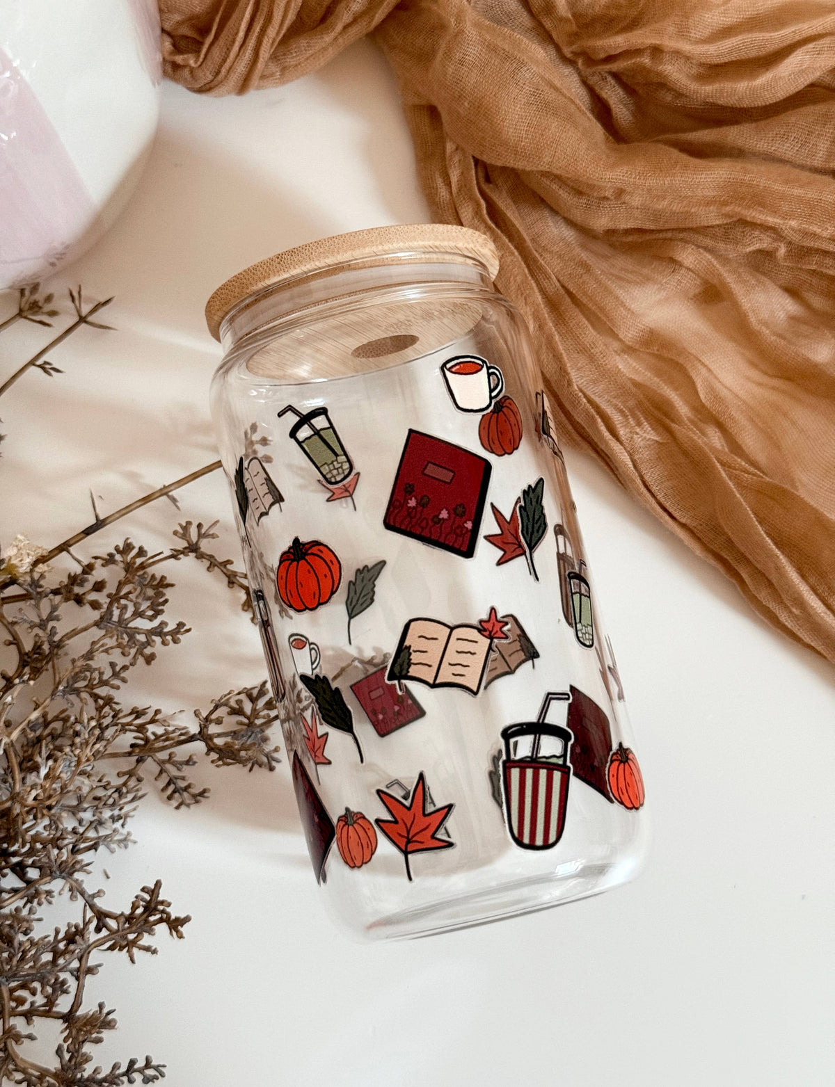Pumpkins, Cozy Books Glass Tumbler Double Side + Lid & Straw 2