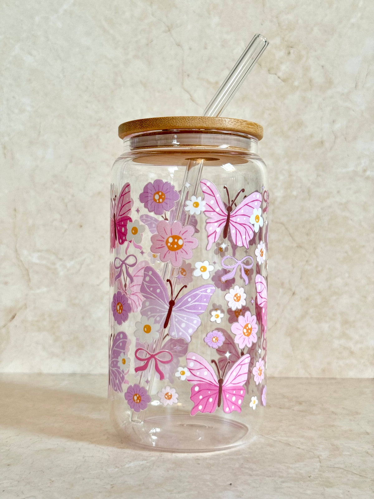 Butterflies Glass Tumbler Pink & Purple +Bamboo Lid & Straw 3
