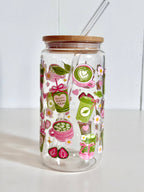 Matcha Pink 2 Options Double Sided Glass Cup + Lid & Straw 4