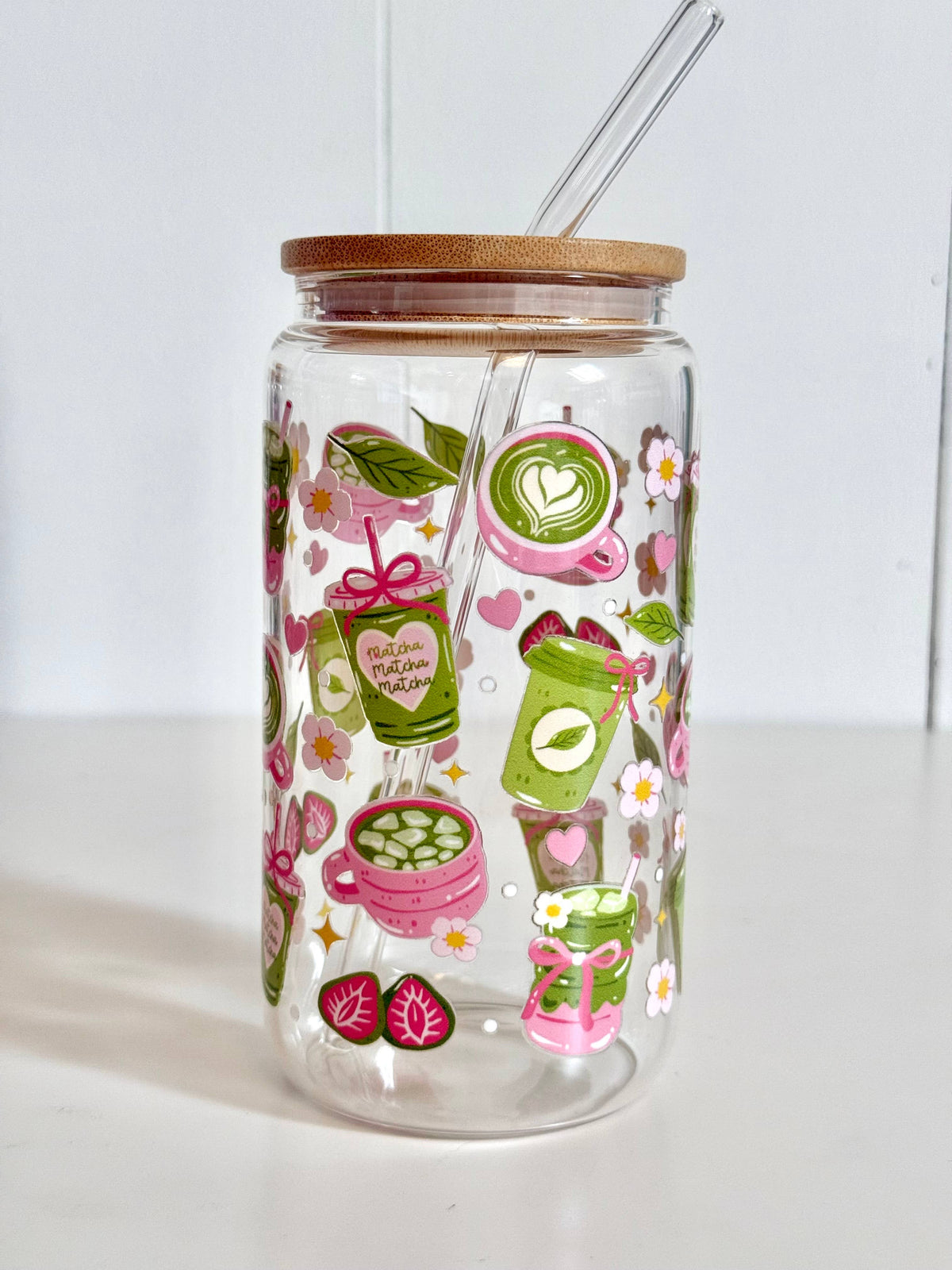 Matcha Pink 2 Options Double Sided Glass Cup + Lid & Straw 4