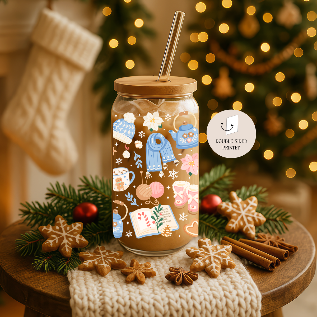 Cozy Winter Double Sided Glass Tumbler with Lid & Straw