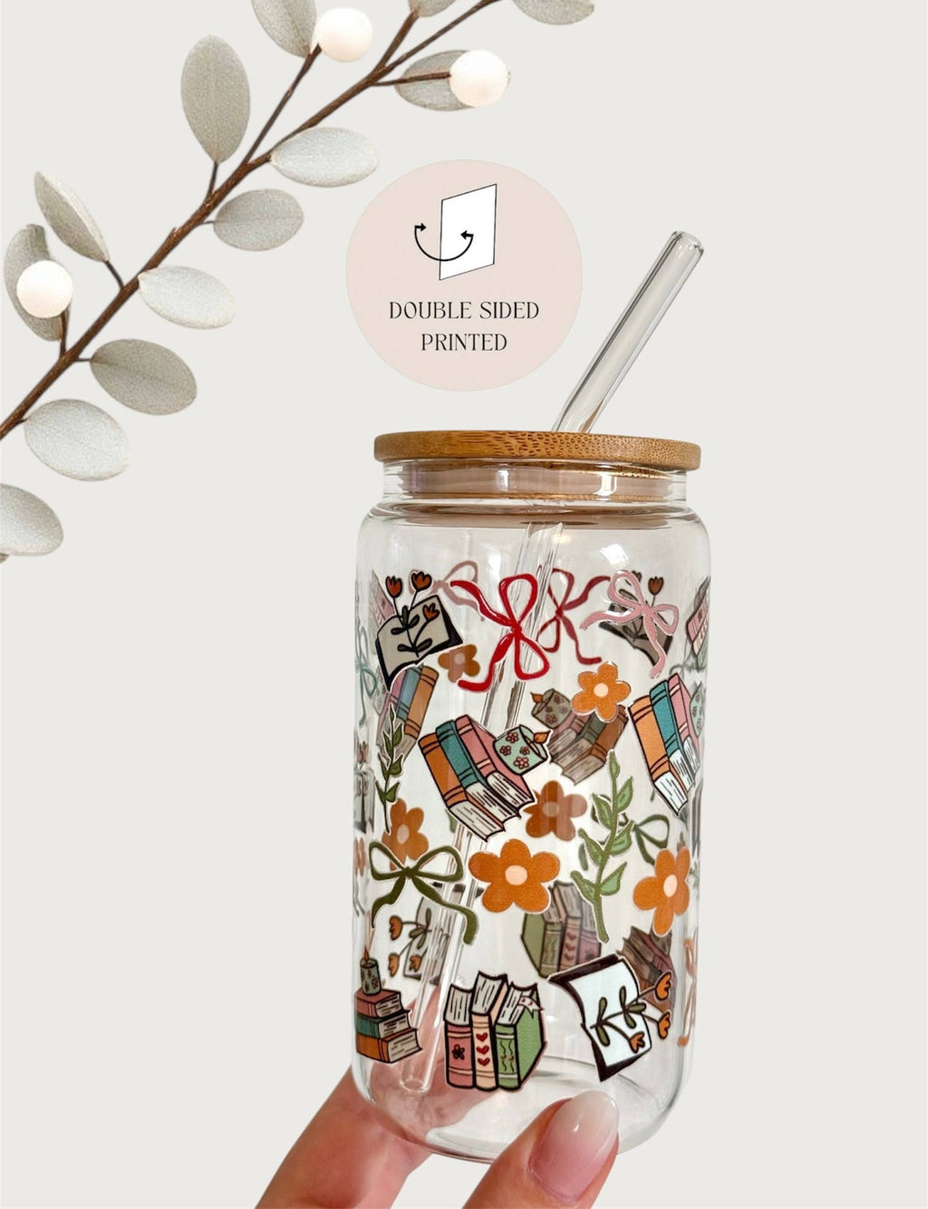 Glass Tumbler Books, Flowers and Bows Double Sided Printed 2