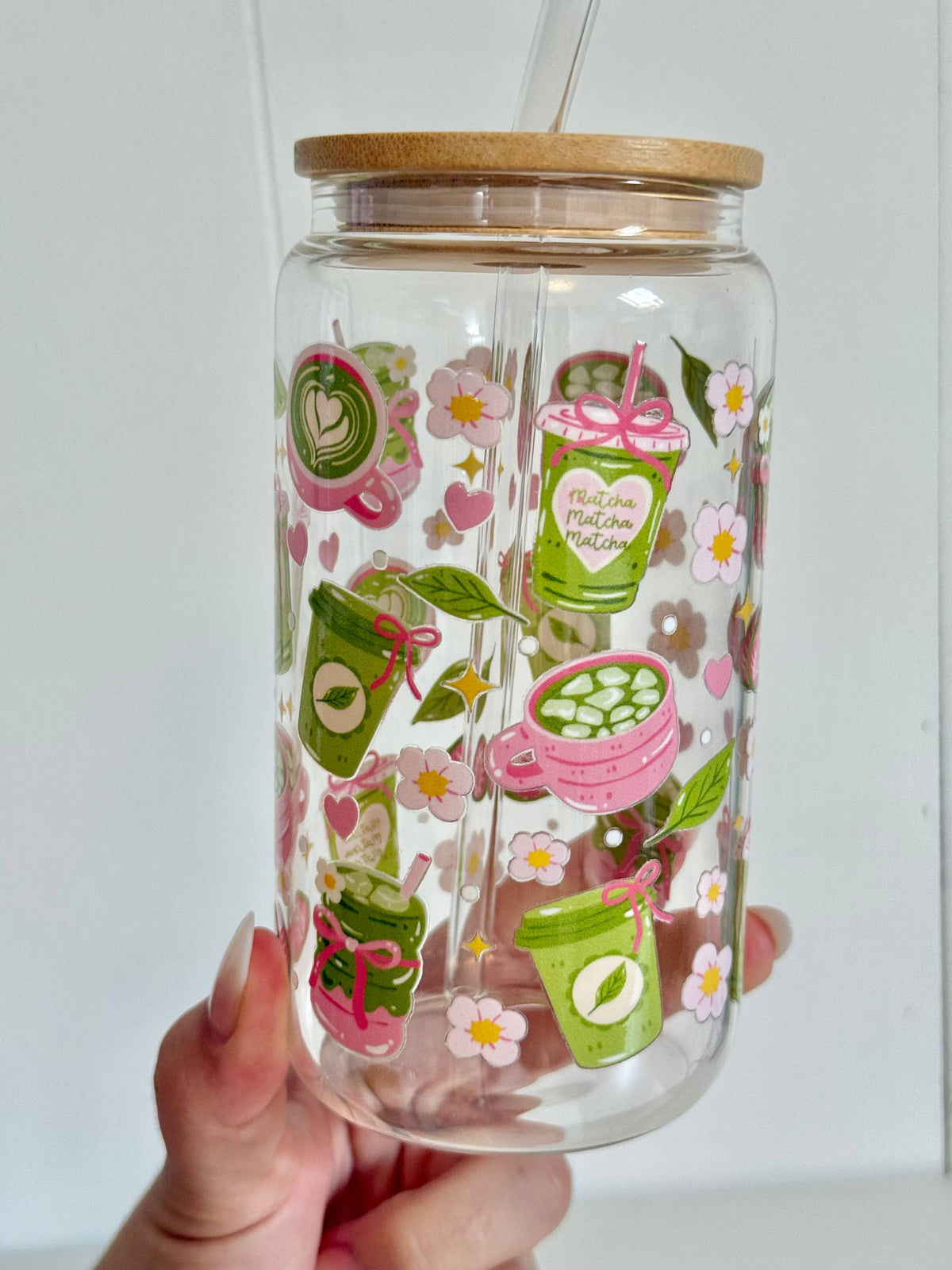Matcha Pink 2 Options Double Sided Glass Cup + Lid & Straw 5
