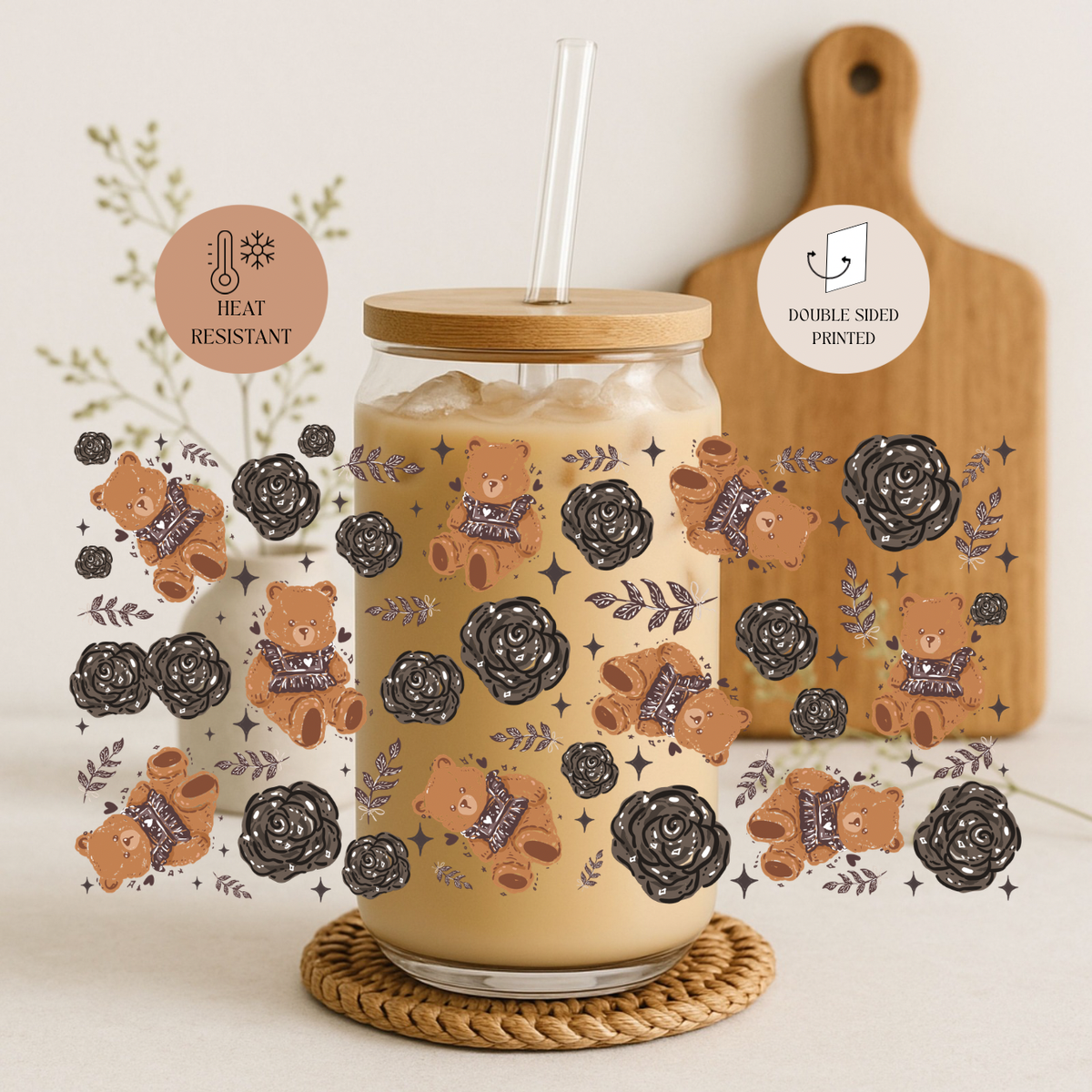 Noir Teddy Bear & Roses Double Sided Glass Cup + Lid & Straw 3