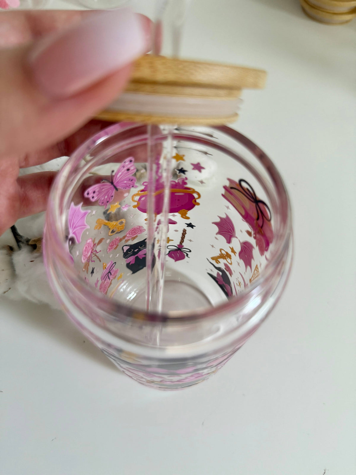Witchy Cat Glass Tumbler Double Sided Print with Lid and Straw 6