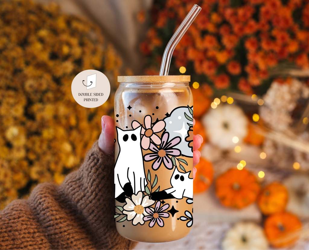 Floral Cat Ghosts Halloween Glass Tumbler Lid & Straw / Fall