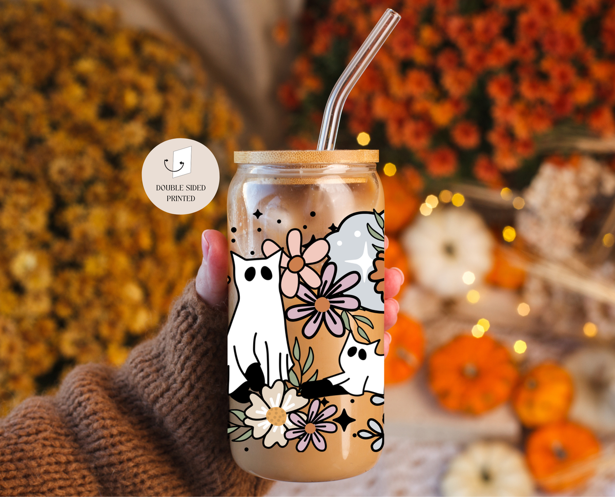 Floral Cat Ghosts Halloween Glass Tumbler Lid & Straw / Fall