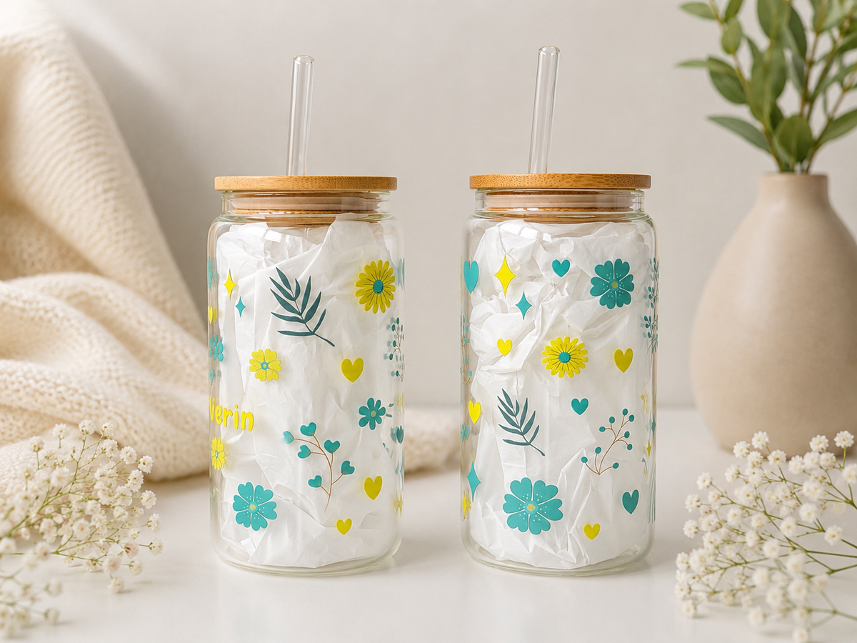 Beste Erzieherin Double Sided Glass Tumbler + Lid & Straw 2