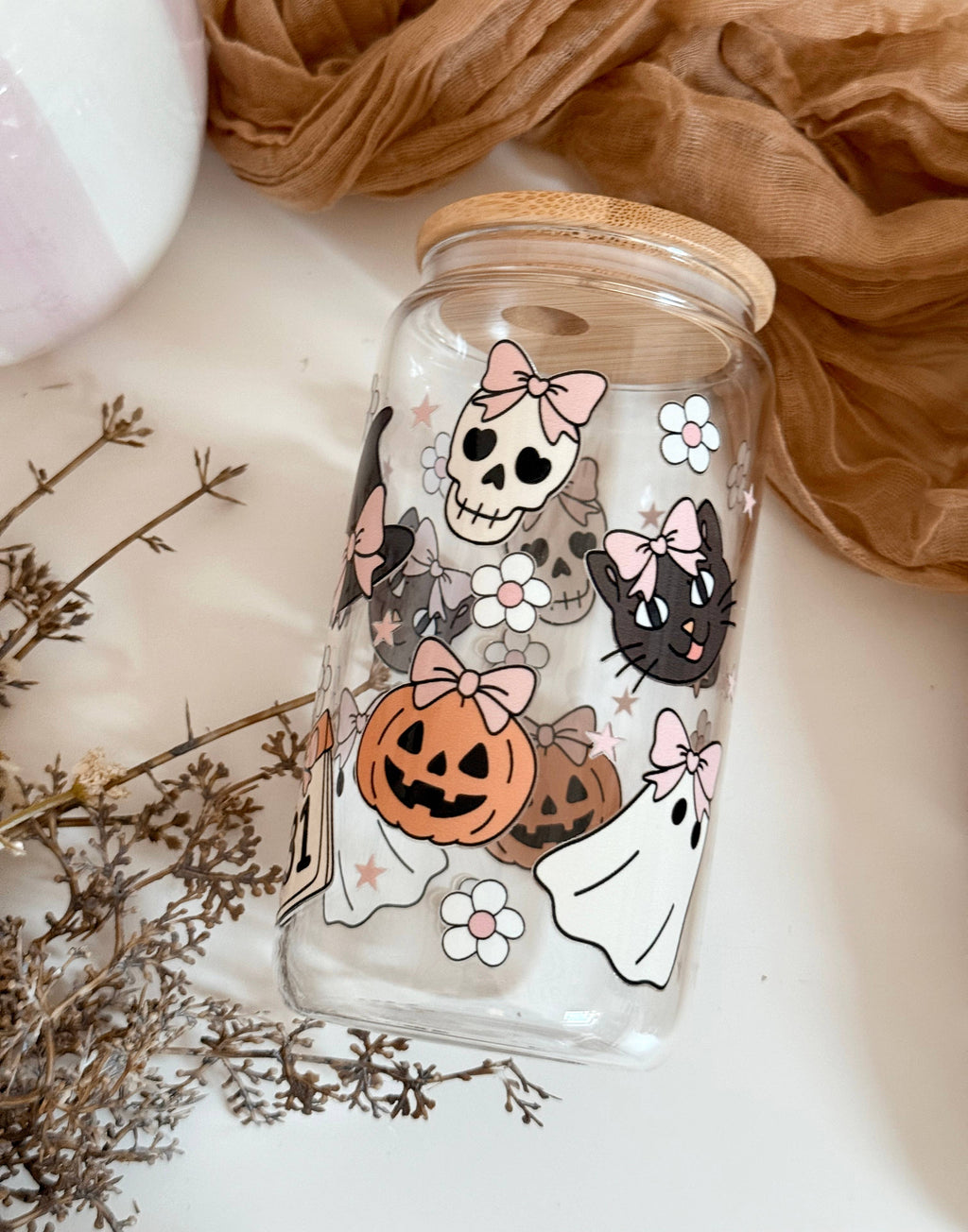 Cat & Ghosts Halloween Glass Cup Double-sided + Lid & Straw 3
