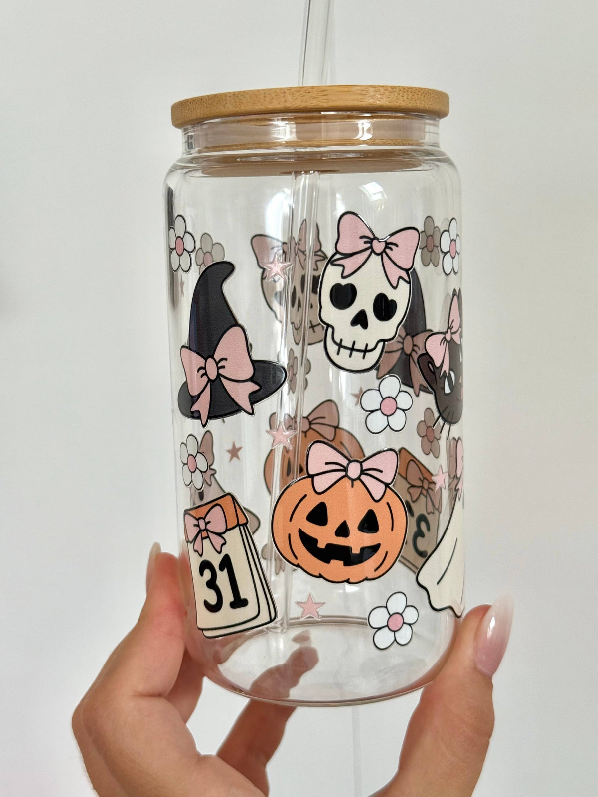 Cat & Ghosts Halloween Glass Cup Double-sided + Lid & Straw 5