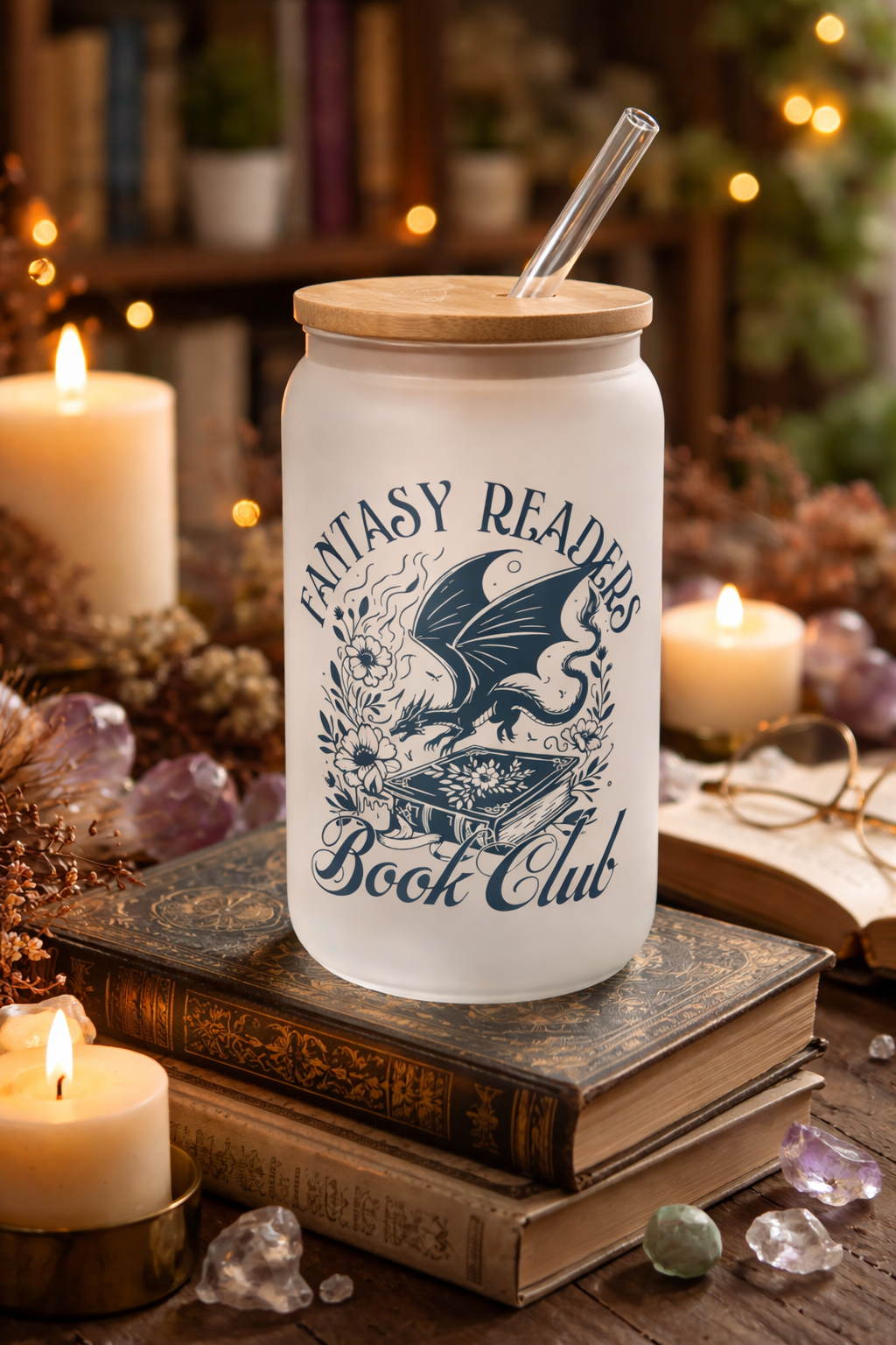 Fantasy Readers 2 Dish.Safe Frosted Glass Cup + Lid & Straw