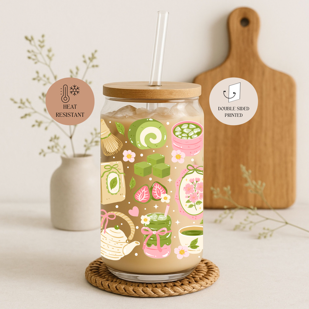 Matcha Pink 2 Options Double Sided Glass Cup + Lid & Straw 2
