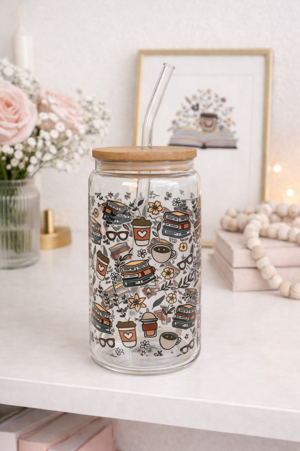 Bookish Pattern Double Sided Glass Tumbler with Lid & Straw