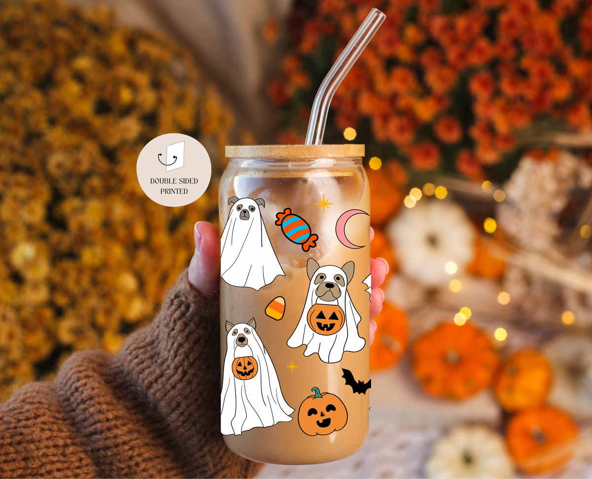 Dog Ghosts Fall Glass Tumbler Double Sided + Lid & Straw