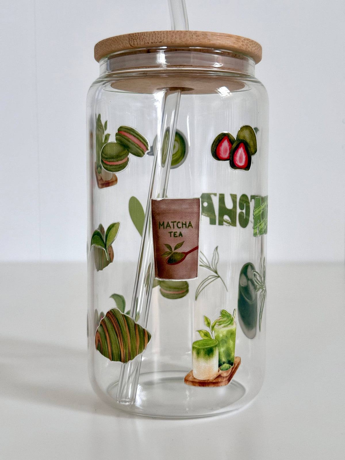 Matcha Glass Tumbler Double Sided Print with Lid and Straw 5