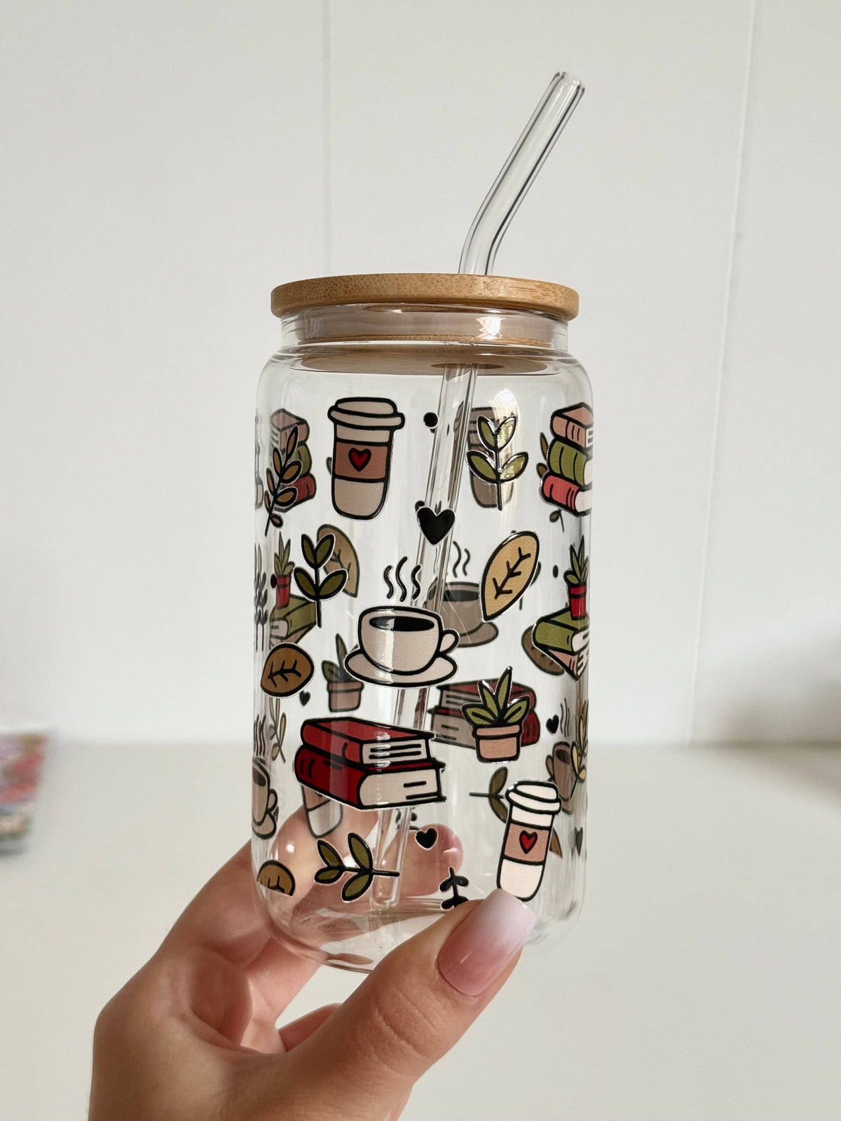Books & Coffee Glass Tumbler Double Sided Print with Lid and Straw 4