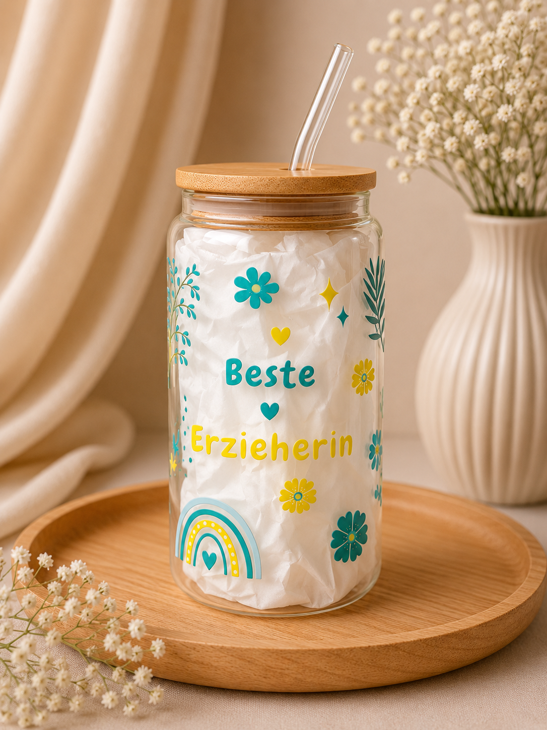 Beste Erzieherin Double Sided Glass Tumbler + Lid & Straw