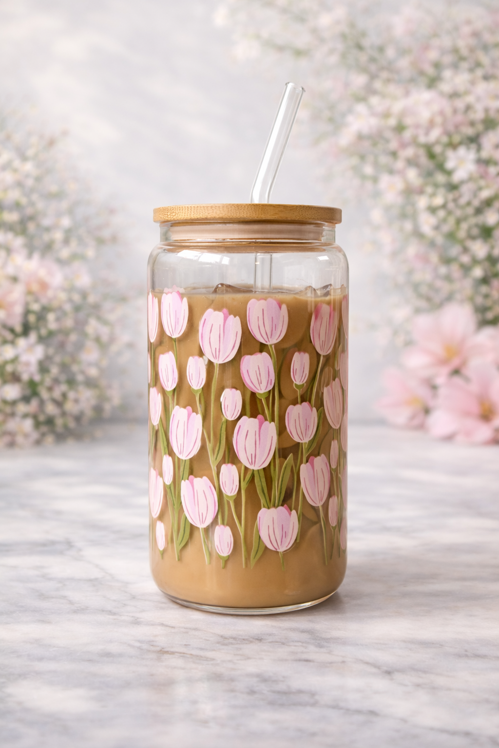 Pink Tulips Double Side Print Glass Tumbler + Lid & Straw