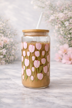 Pink Tulips Double Side Print Glass Tumbler + Lid & Straw