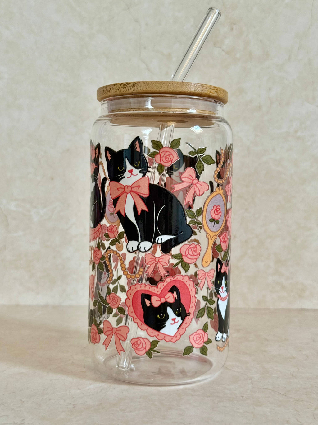 Preppy Cat Glass Tumbler with Bamboo Lid & Glass Straw 4