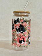 Preppy Cat Glass Tumbler with Bamboo Lid & Glass Straw 4