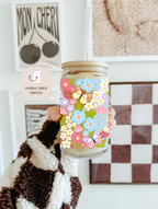 Colorful Garden Glass Tumbler With Bamboo Lid & Glass Straw