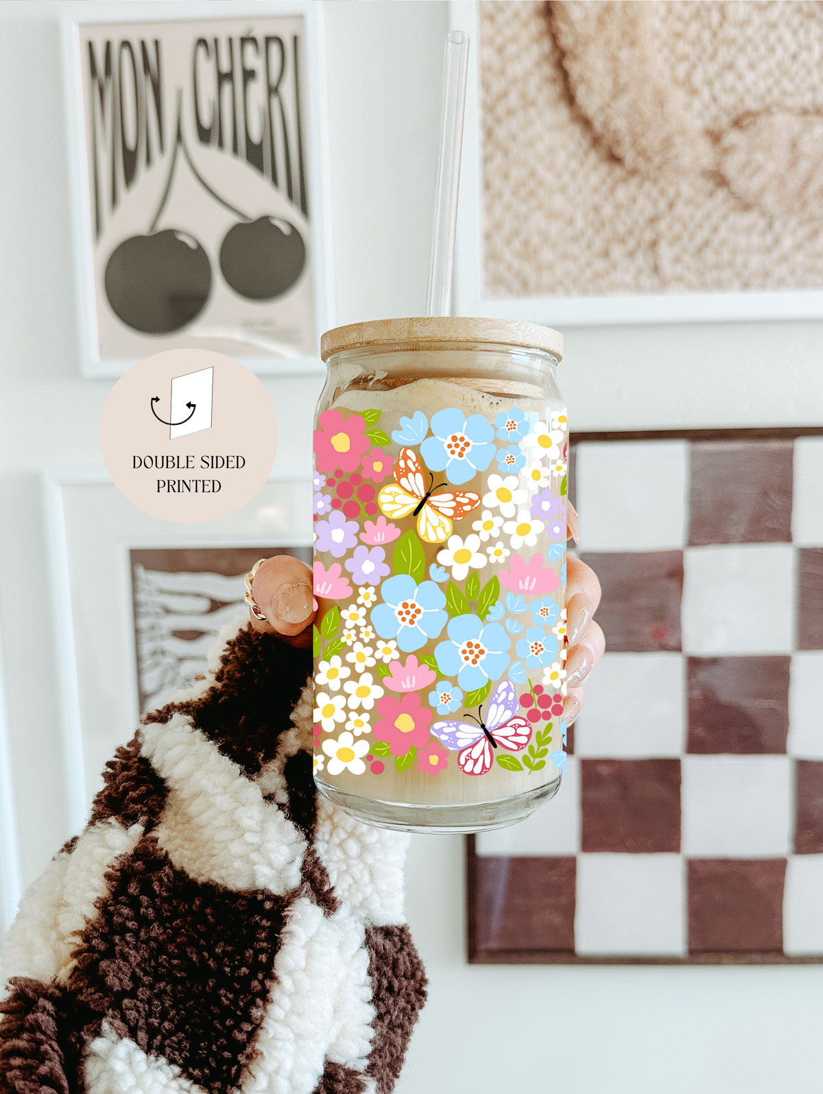 Colorful Garden Glass Tumbler With Bamboo Lid & Glass Straw
