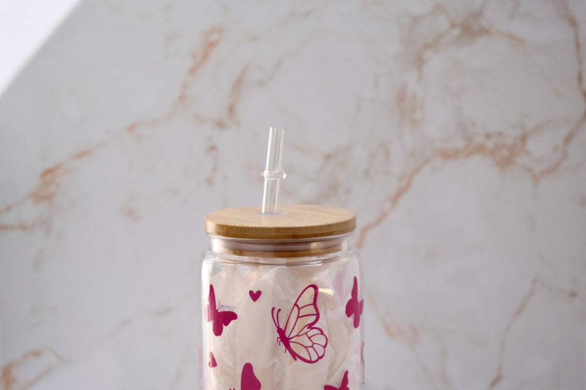 Plastic Cup Pink Butterflies Dishwasher Safe + Lid and Straw 3
