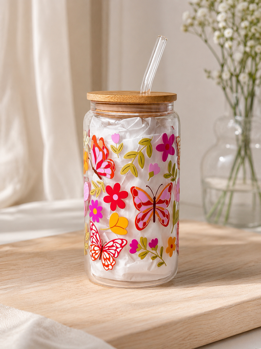 Colorful Butterflies Double Side Glass Tumbler + Lid & Straw