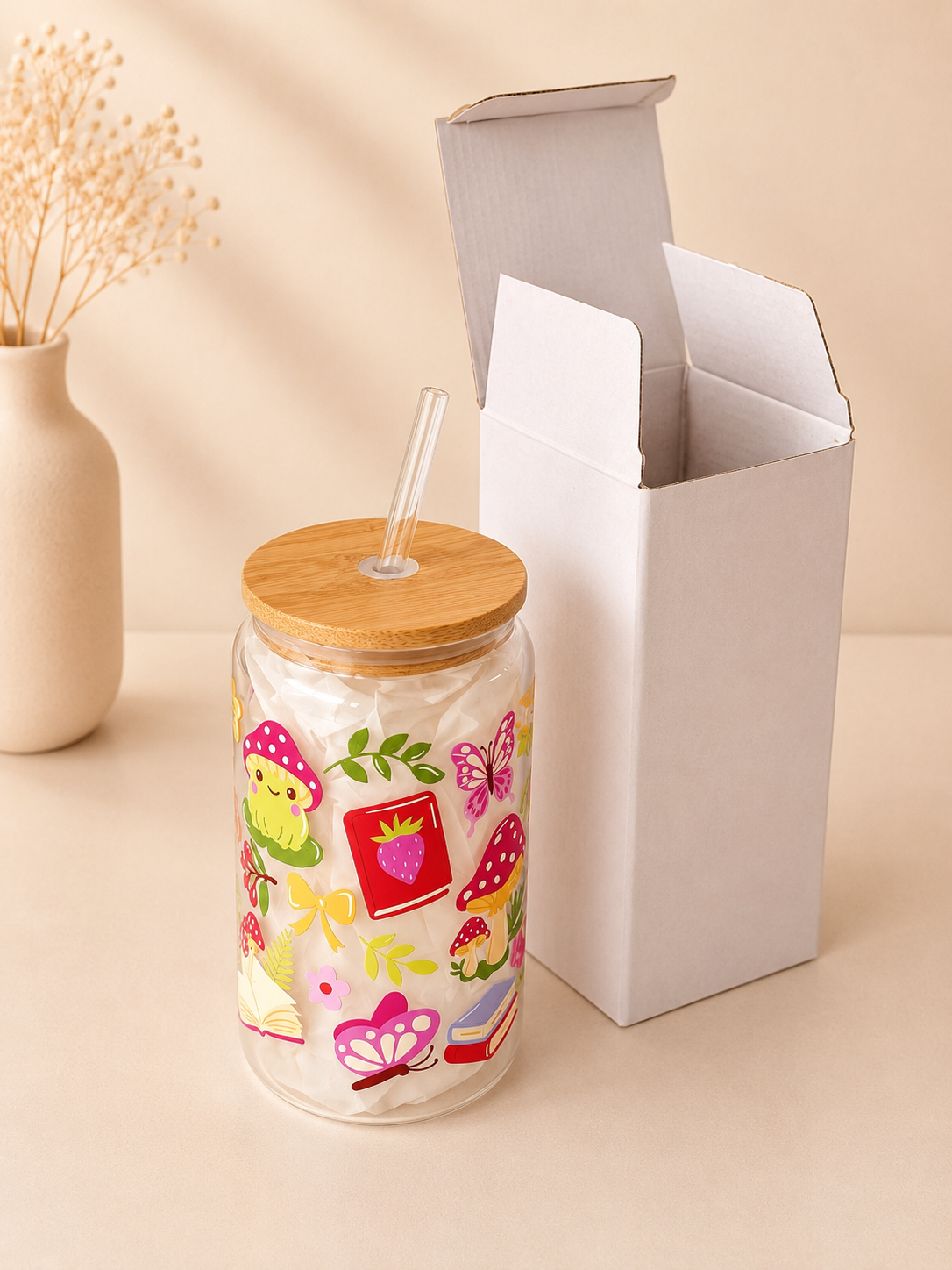Fairy Garden Double Sided Glass Tumbler with Lid and Straw 3
