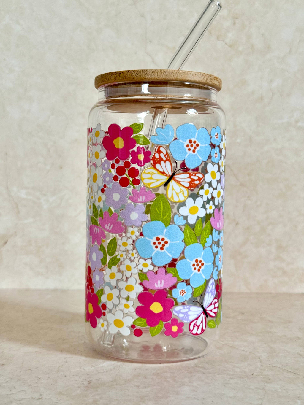 Colorful Garden Glass Tumbler With Bamboo Lid & Glass Straw 6