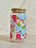 Colorful Garden Glass Tumbler With Bamboo Lid & Glass Straw 6