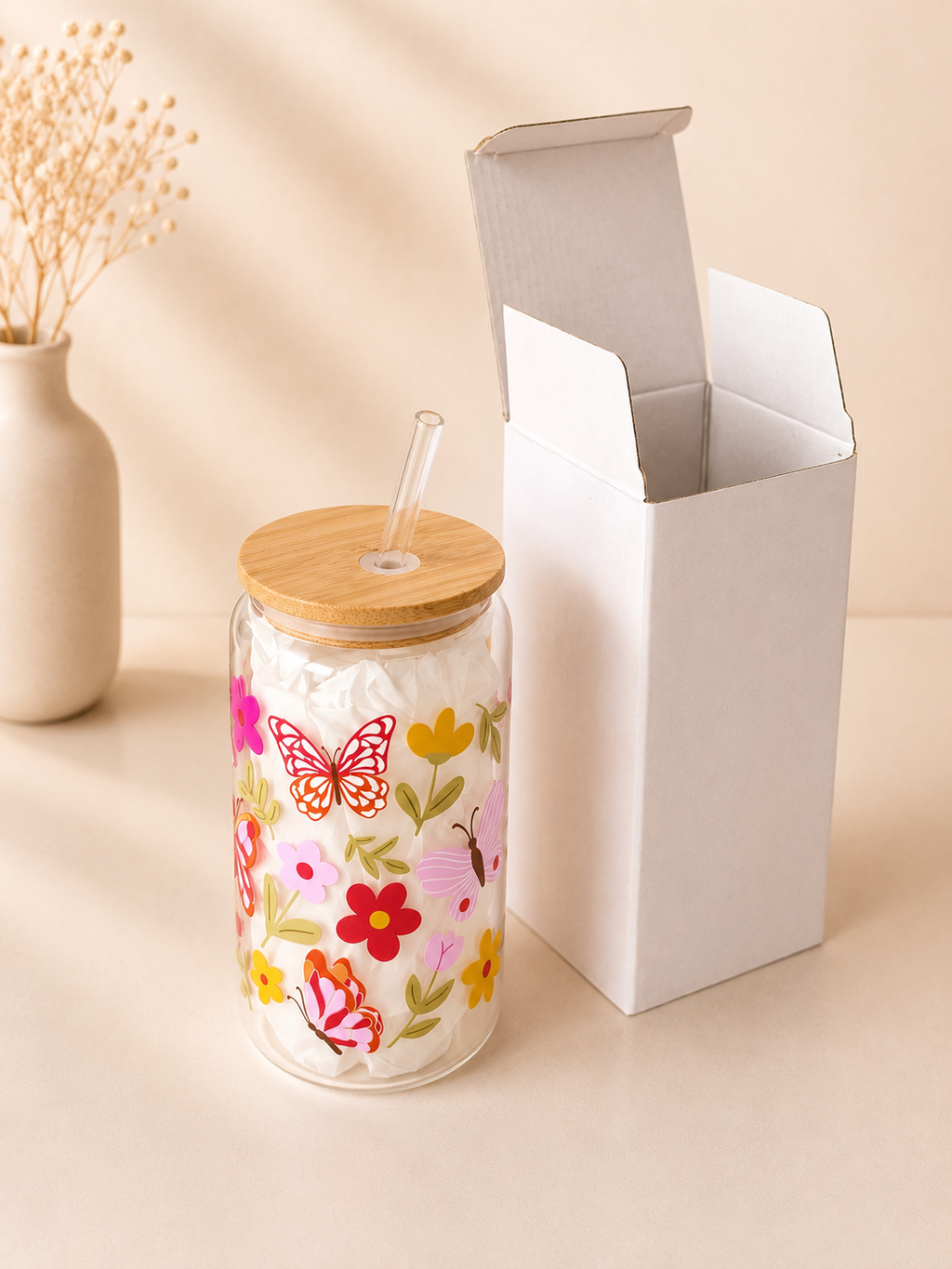 Colorful Butterflies Double Side Glass Tumbler + Lid & Straw 3
