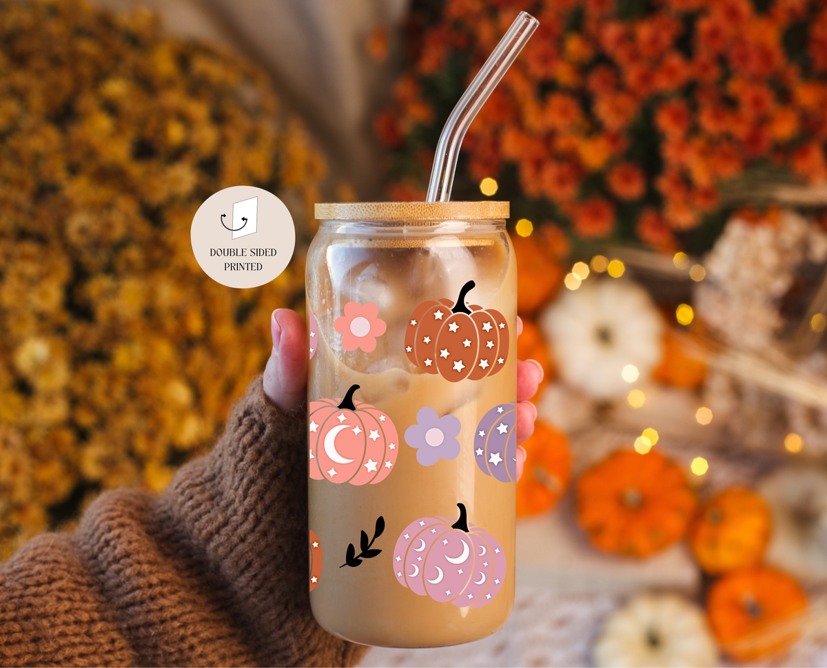 Pumpkins With Moons Glass Cup Double-sided + Lid & Straw