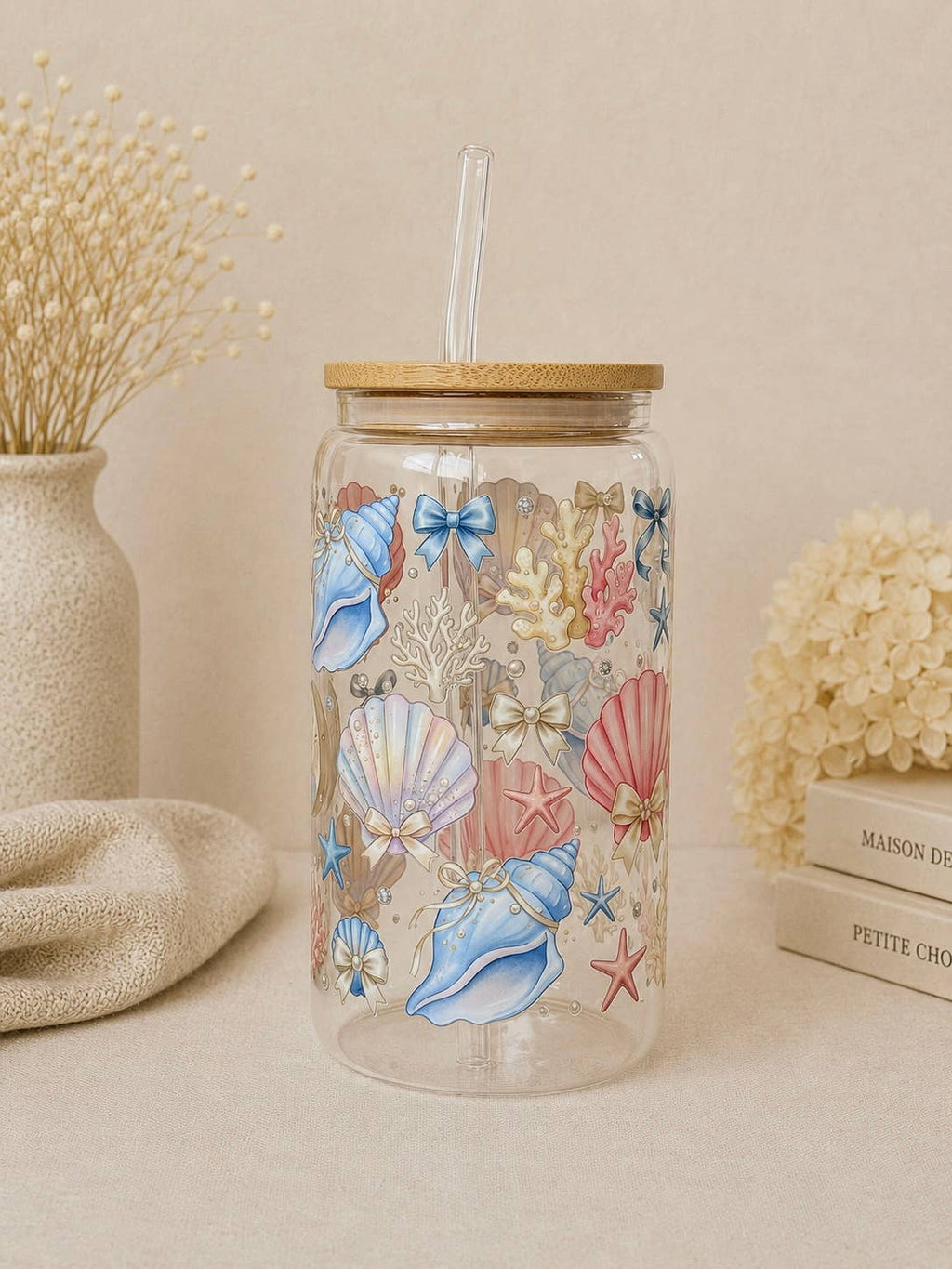 Pearl Summer Glass Tumbler with Lid and Straw, Double Sided