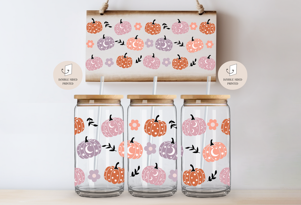 Pumpkins With Moons Glass Cup Double-sided + Lid & Straw 2