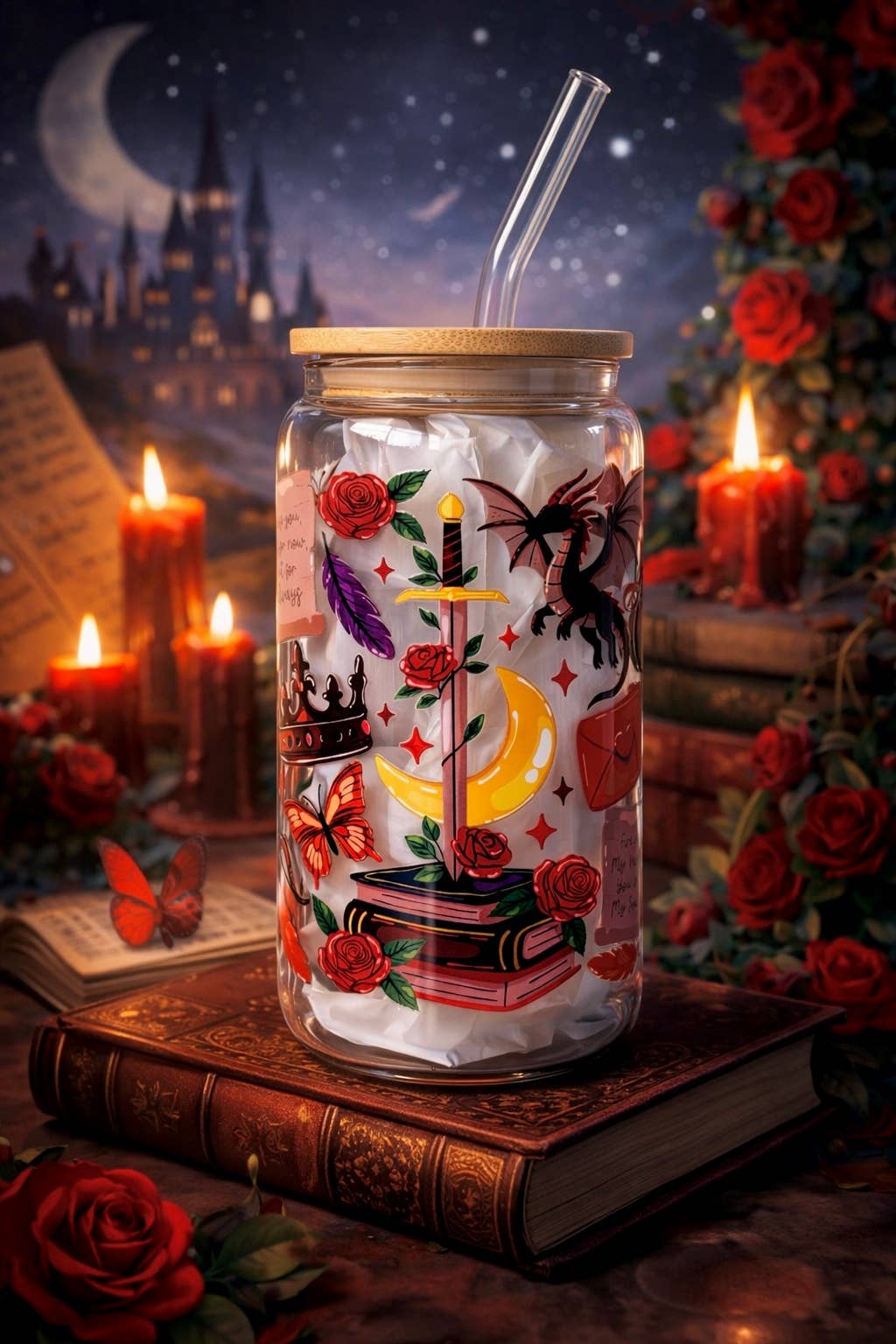 Romantasy Books Double Sided Glass Tumbler with Lid & Straw