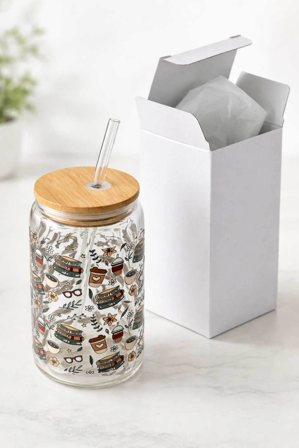 Bookish Pattern Double Sided Glass Tumbler with Lid & Straw 2