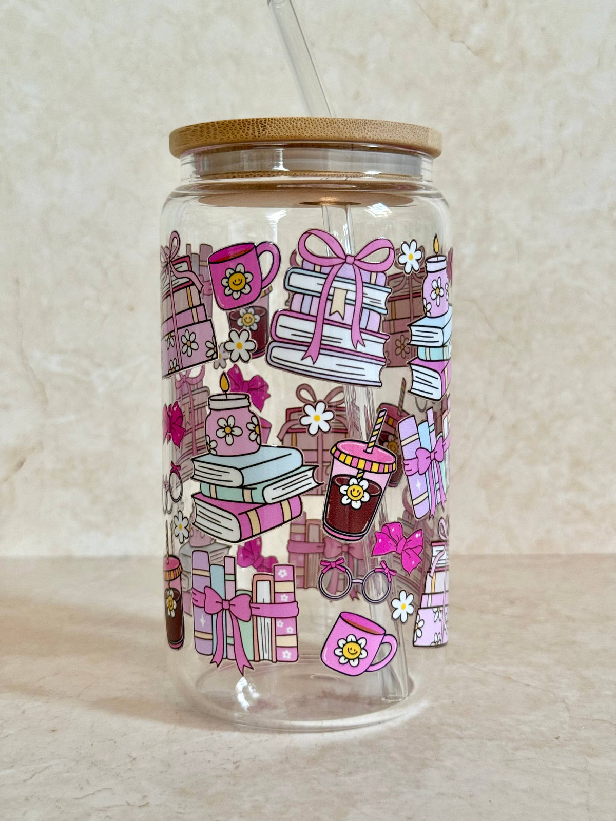 Glass tumbler Coquette Books double sided with lid and straw 5