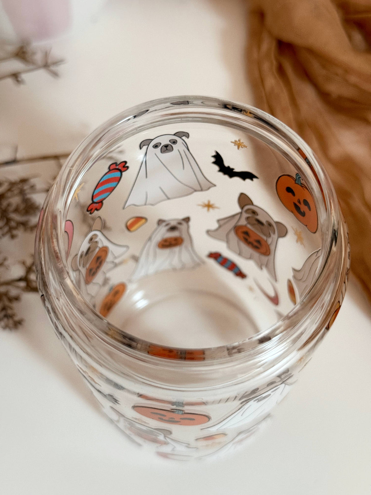 Dog Ghosts Fall Glass Tumbler Double Sided + Lid & Straw 3