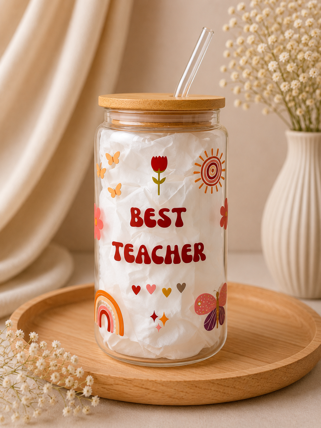 Best Teacher Gift Double Sided Glass Tumbler + Lid & Straw