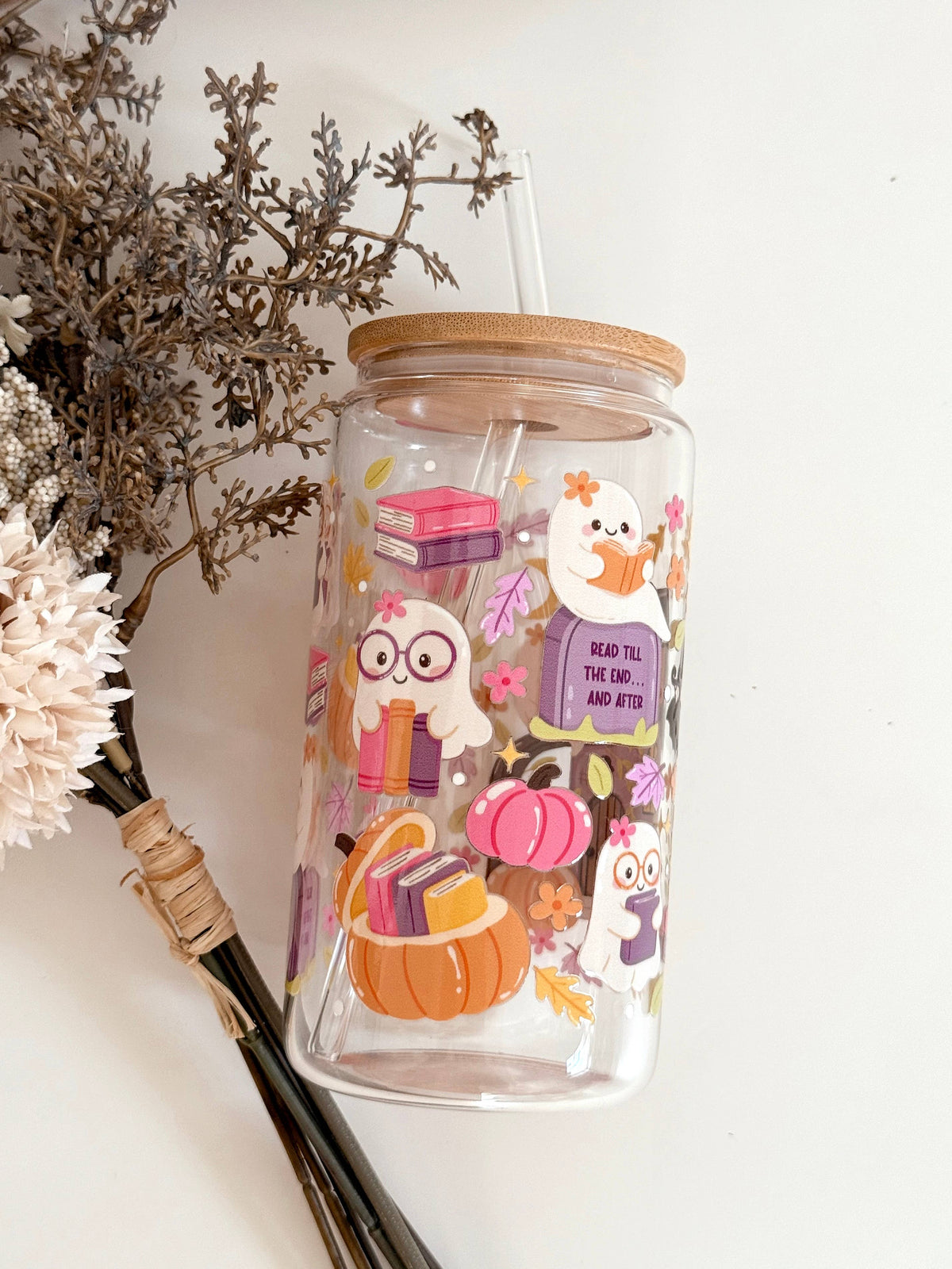 Haunted Books Ghost Glass Tumbler Double Sided + Lid & Straw 6